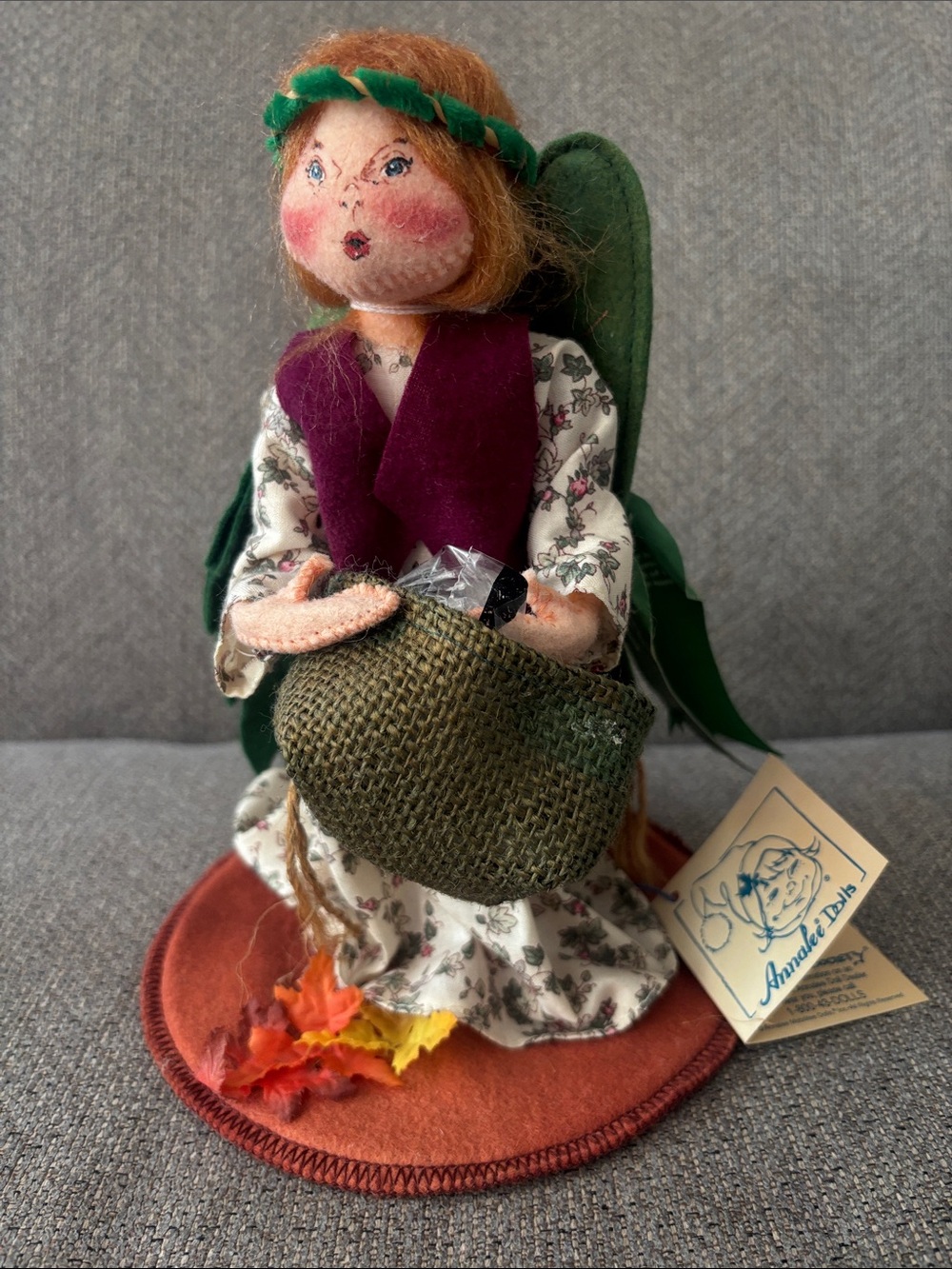 Annalee Green Wing Autumn Angel Figurine with Burgundy Vest